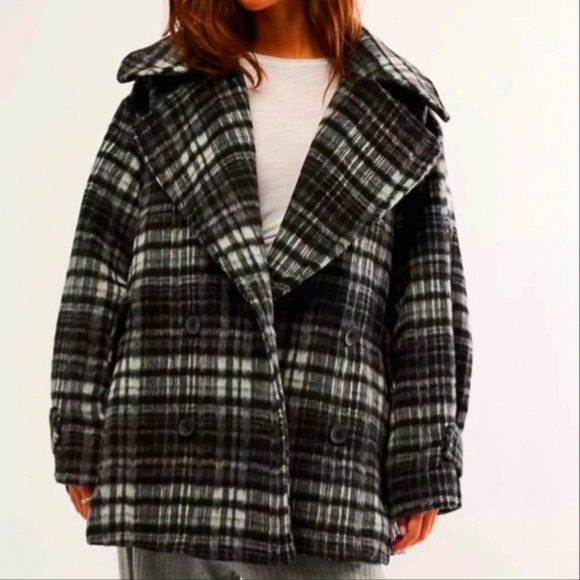 Free People Womens Highlands Wool Blend Plaid Pea Coat - Picture 2 of 7